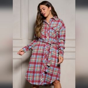 💕49. WOMEN'S LONG SLEEVE BUTTON UP SELF TIE PLAID MIDI DRESS LIVE!